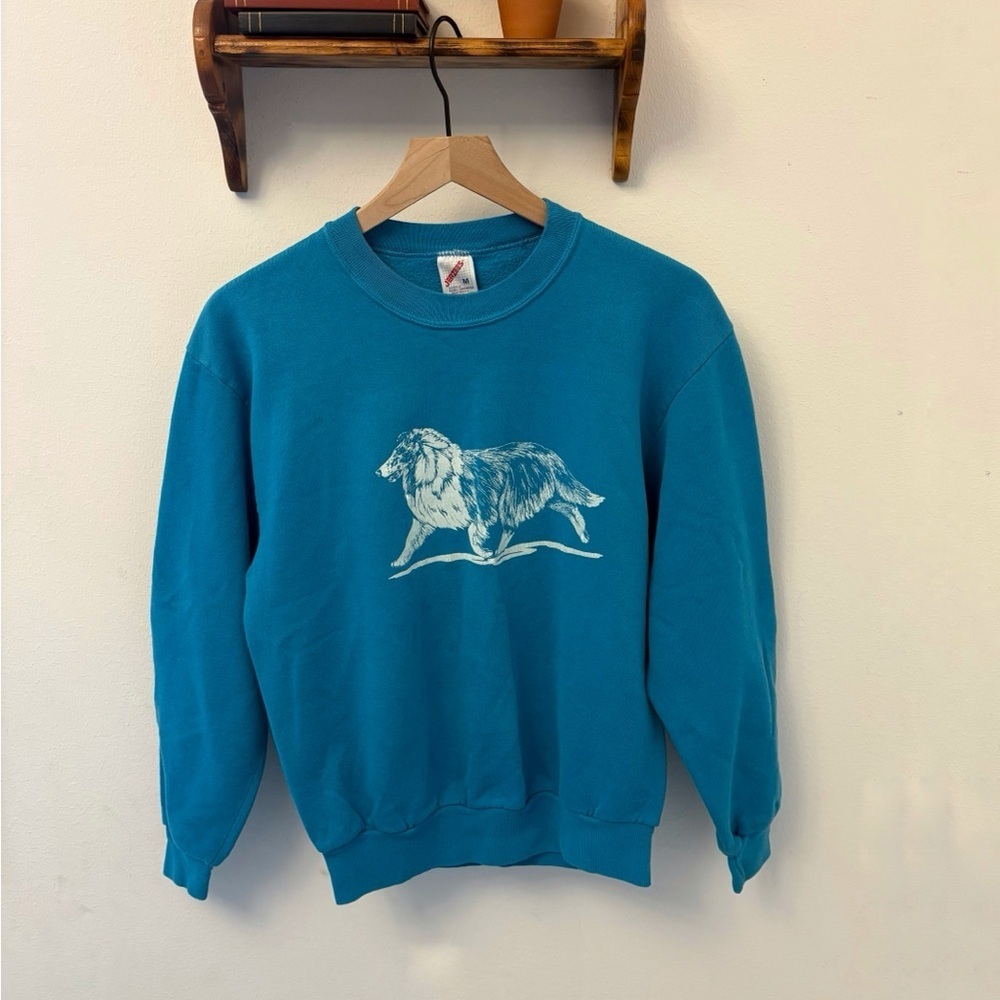 Vintage Jerzees Collie Dog Graphic Sweatshirt Teal Blue 90s Pullover Size M